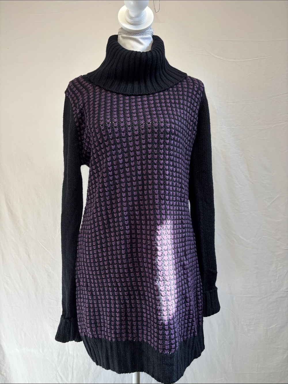 Cozy Cowl Neck Longline Sweater in Purple & Black